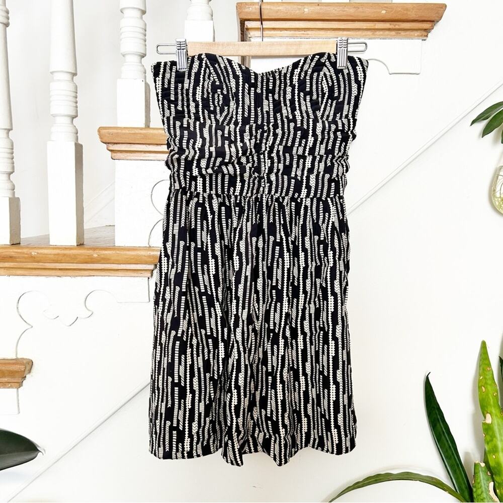 Parker Strapless Silk Dress Black & White Abstract Print Back Zip Size S Small
